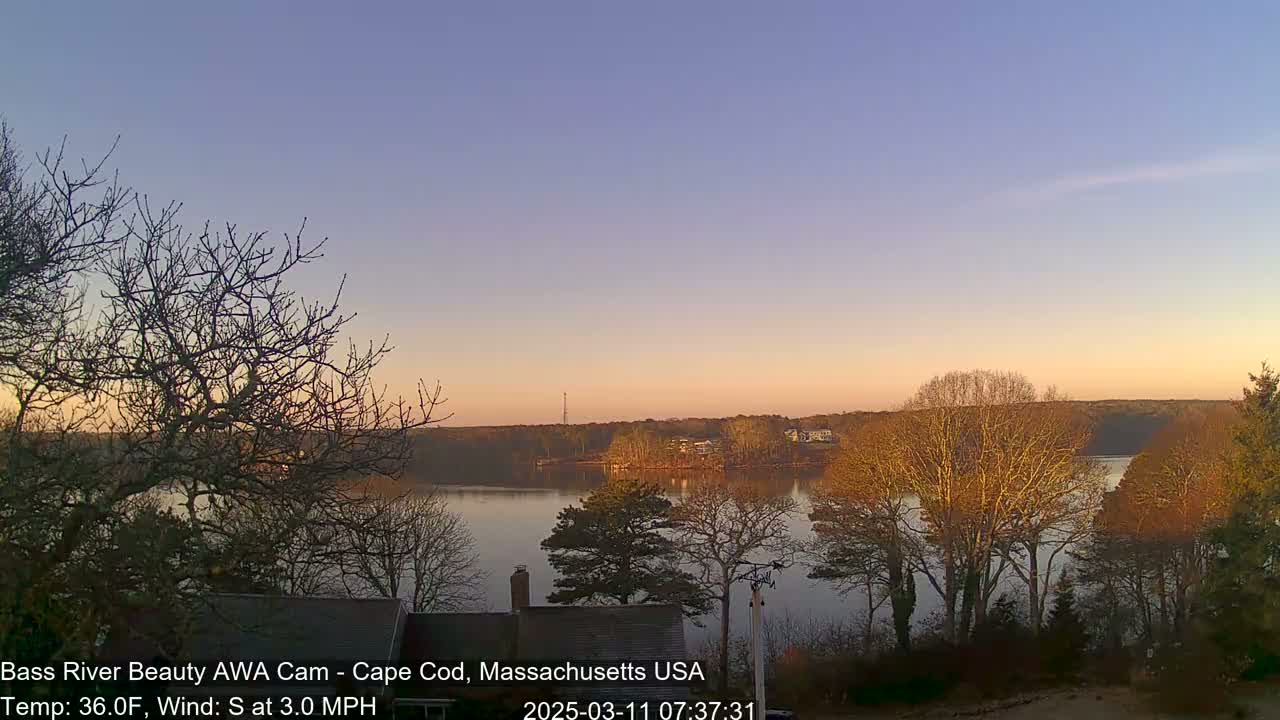 A calm river at sunset is surrounded by bare trees under a clear, pale-orange sky.