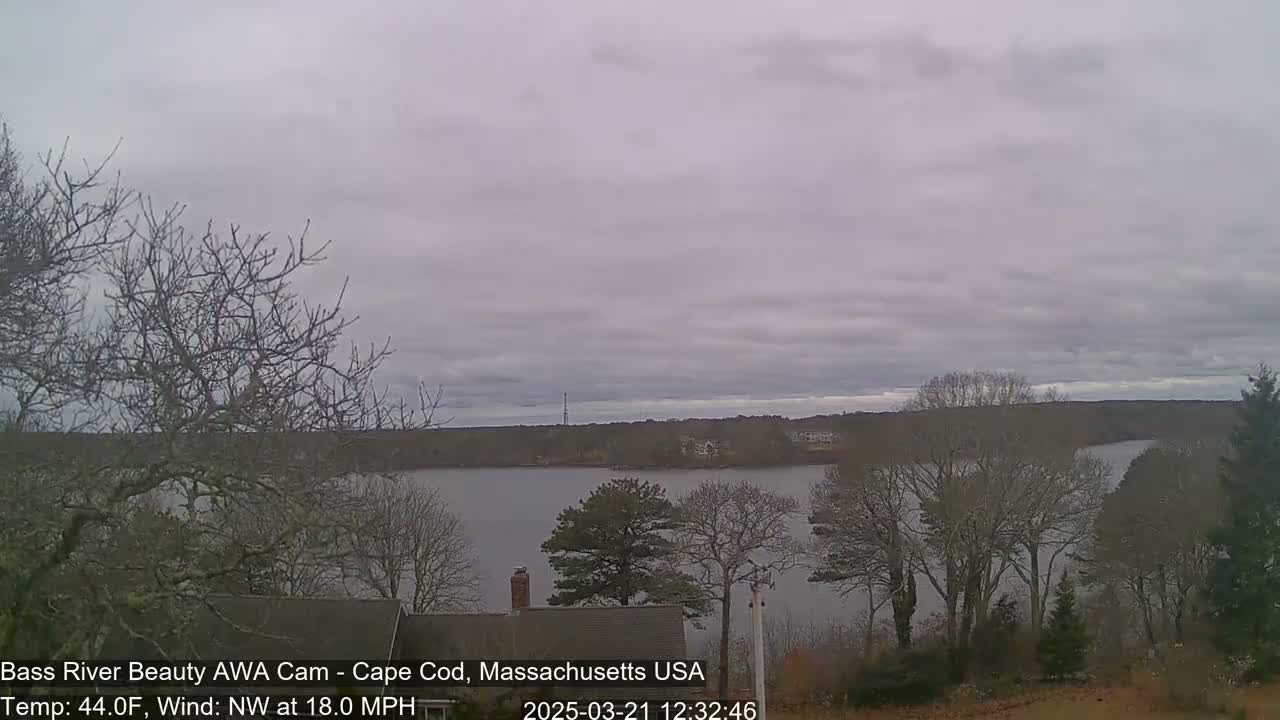 A calm body of water is seen from an elevated vantage point on an overcast day with a northwest wind of 18 mph, and bare trees surround the water's edge.