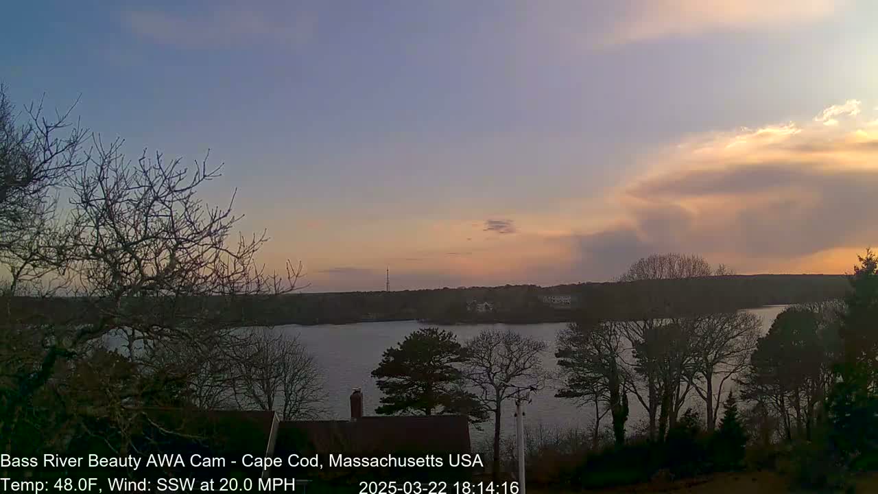 A calm river at sunset is surrounded by bare trees under a partly cloudy, pinkish sky with a 20 mph south-southwesterly wind.