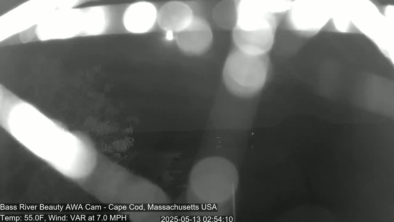 A blurry nighttime image shows a dark landscape with bright light sources in the distance, under a 55°F temperature with variable winds at 7 mph.