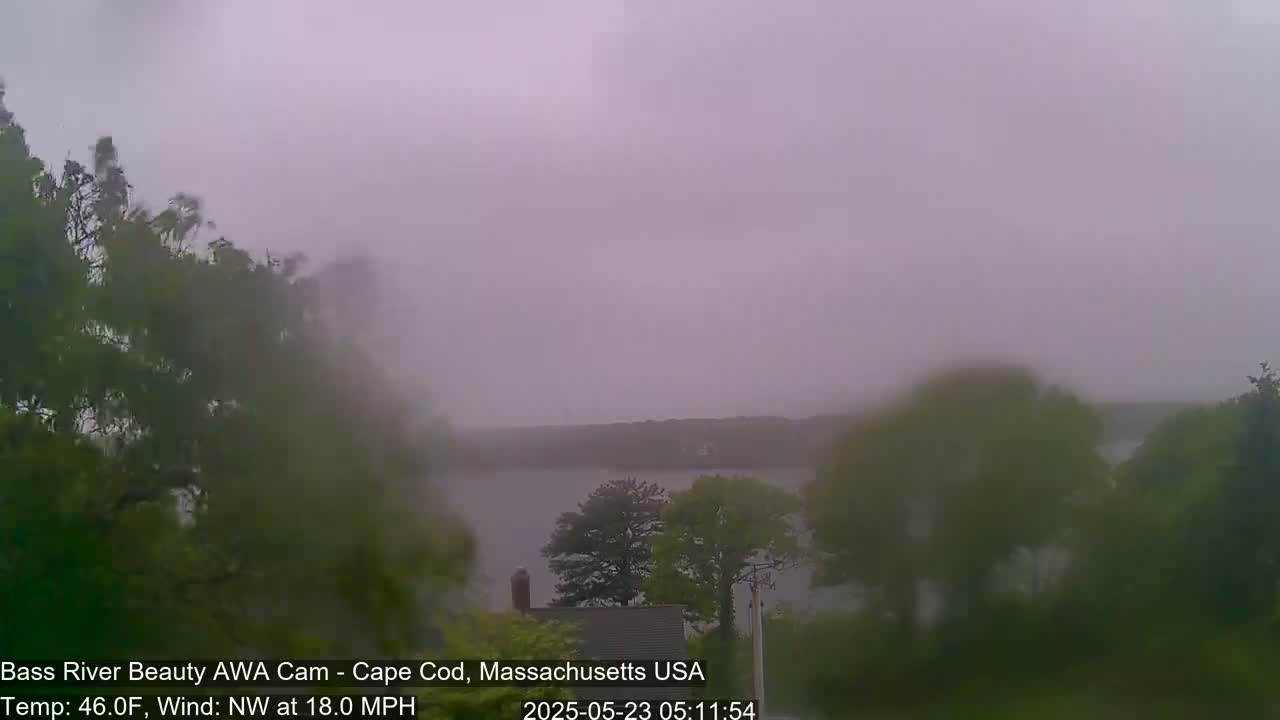 A hazy, rainy view of a body of water with trees and a house visible in the distance, under a gray sky with an 18 mph northwest wind.