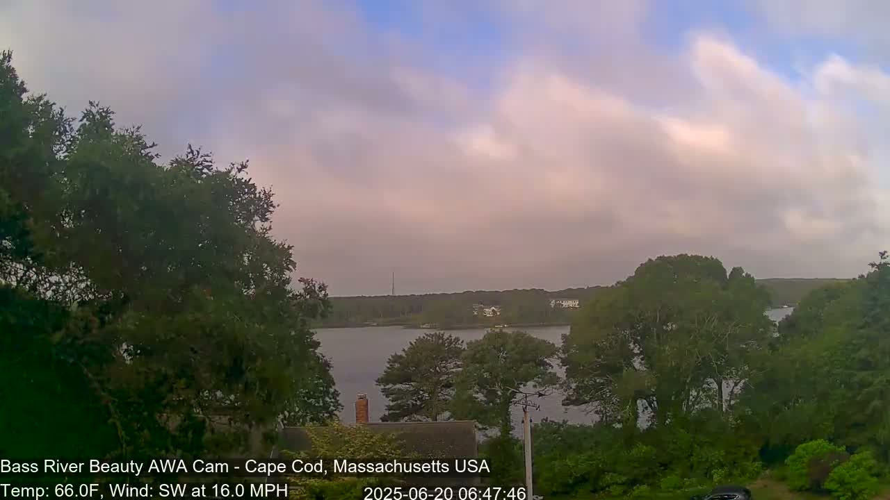 A calm body of water is partially visible through lush green trees under a partly cloudy sky with a southwest wind.