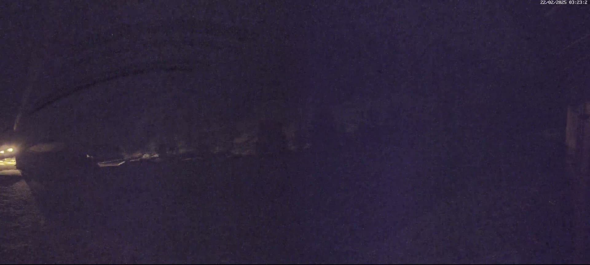 A dark, nighttime scene shows a blurry, indistinct object on a snowy ground with a faint light source in the distance.