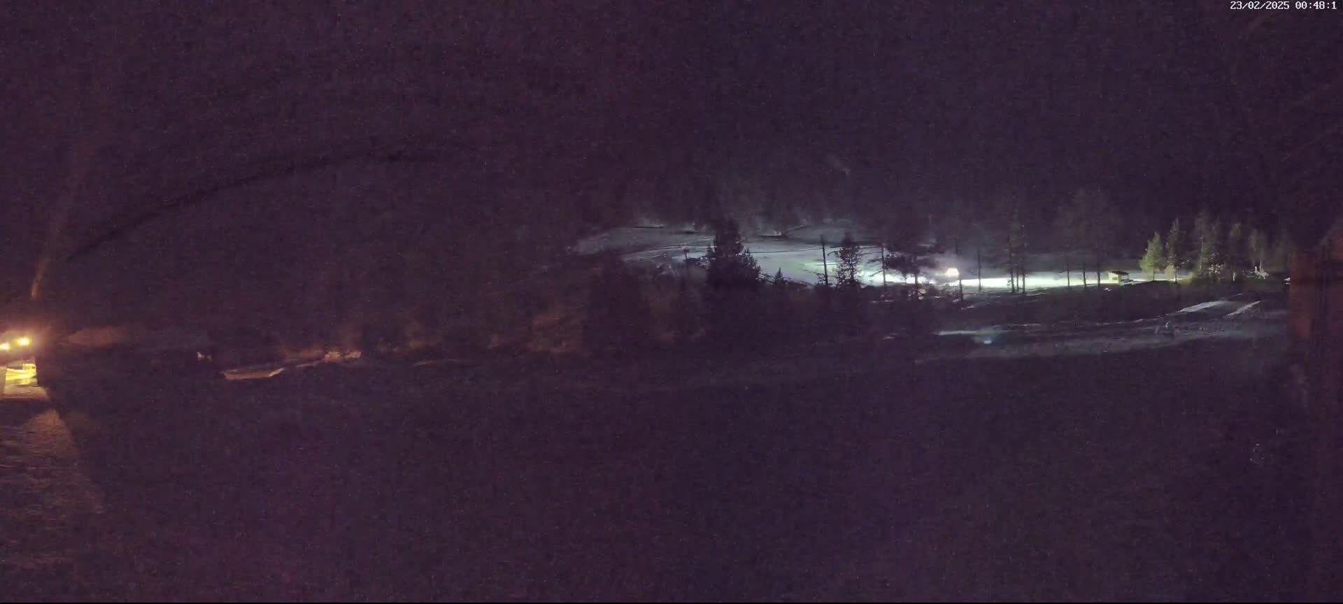 A nighttime, dimly lit view shows a snow-covered field with sparsely spaced trees, possibly a parking lot, and some lights in the distance.