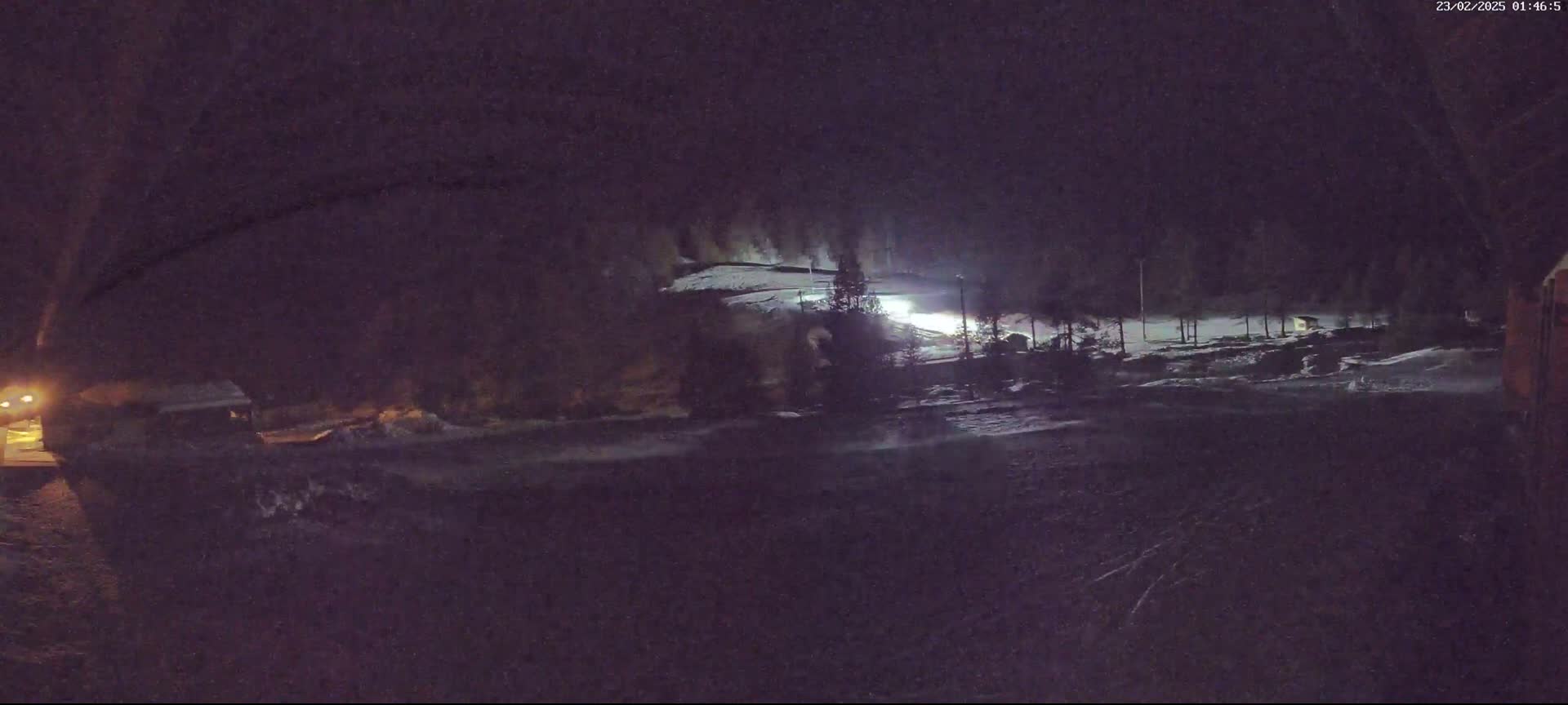 A nighttime, snow-covered landscape is dimly lit, showing trees and a structure in the distance.