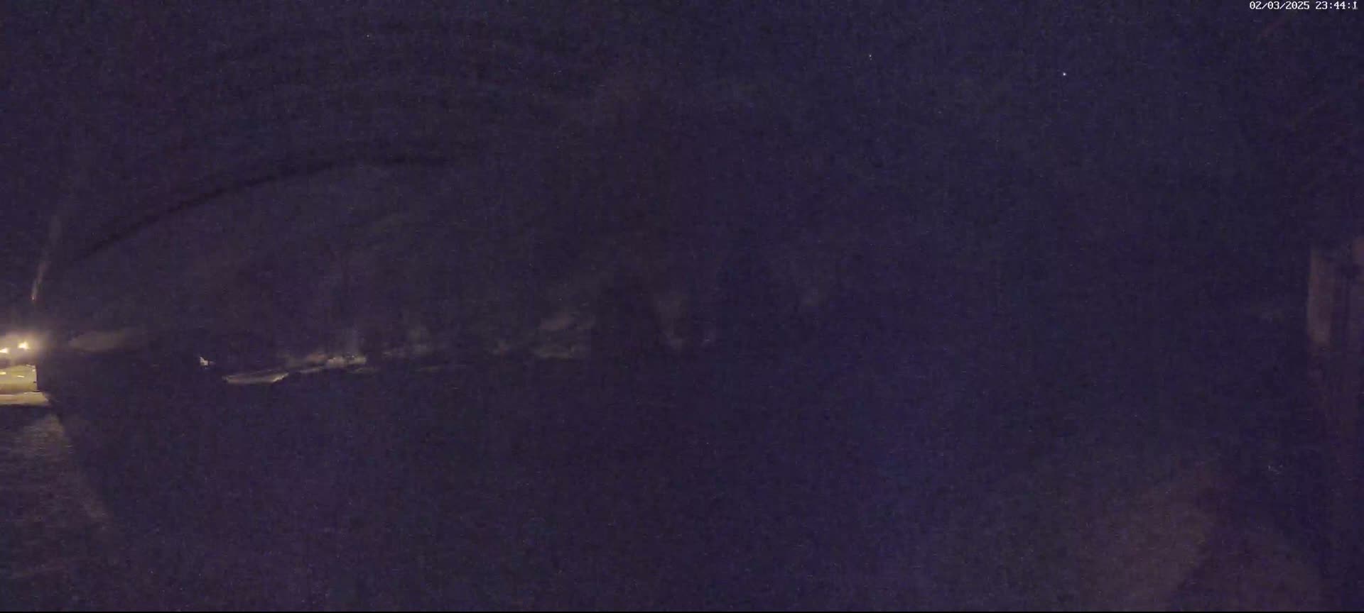 A low-light, nighttime image shows a dark, blurry landscape with a faint light source in the distance.