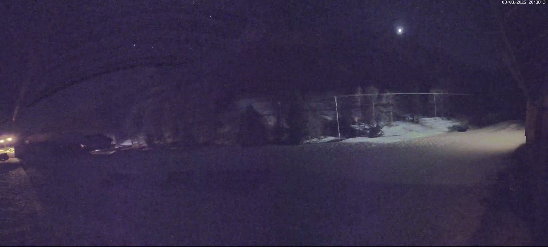 A nighttime, snow-covered yard is visible under a bright moon and stars.