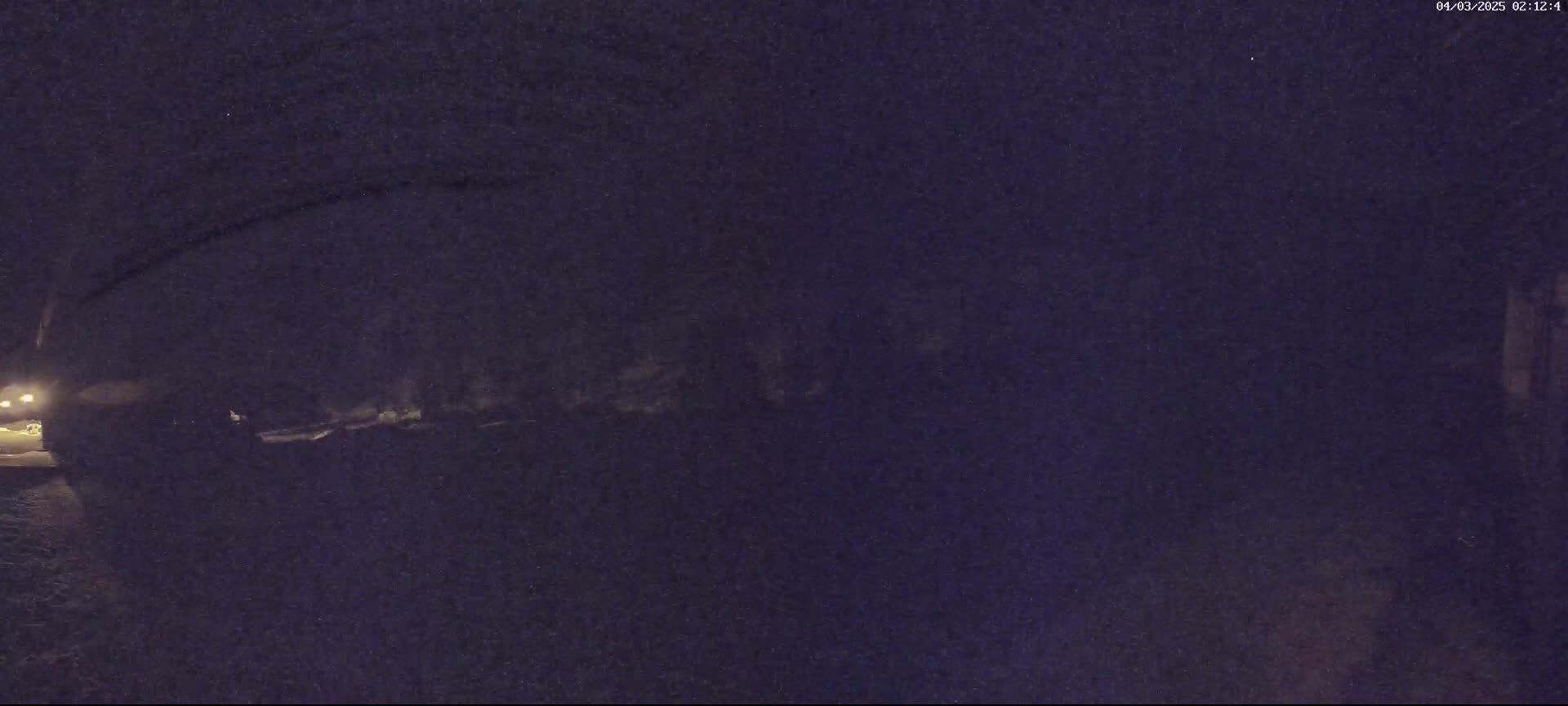 A low-light, nighttime view shows a snow-covered area under a dark sky.