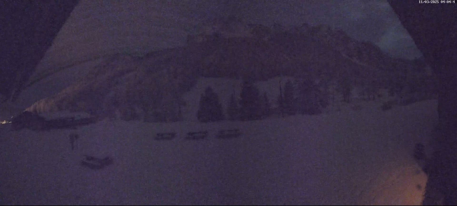 A nighttime, snowy scene shows a dark mountainside with a few shadowy trees and small objects in the foreground.
