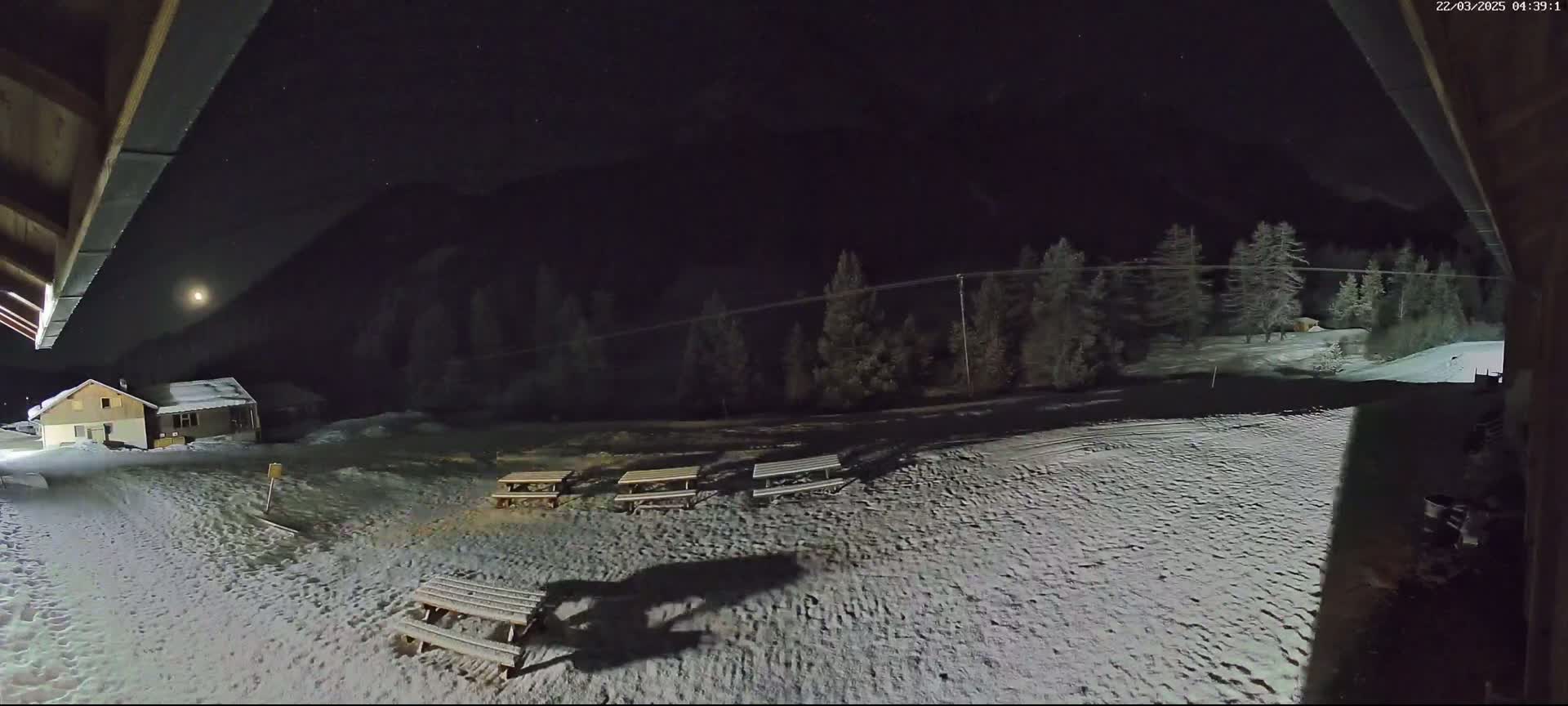 A snow-covered area with picnic tables is seen at night under a clear, starry sky, with a small house and a line of trees in the background.