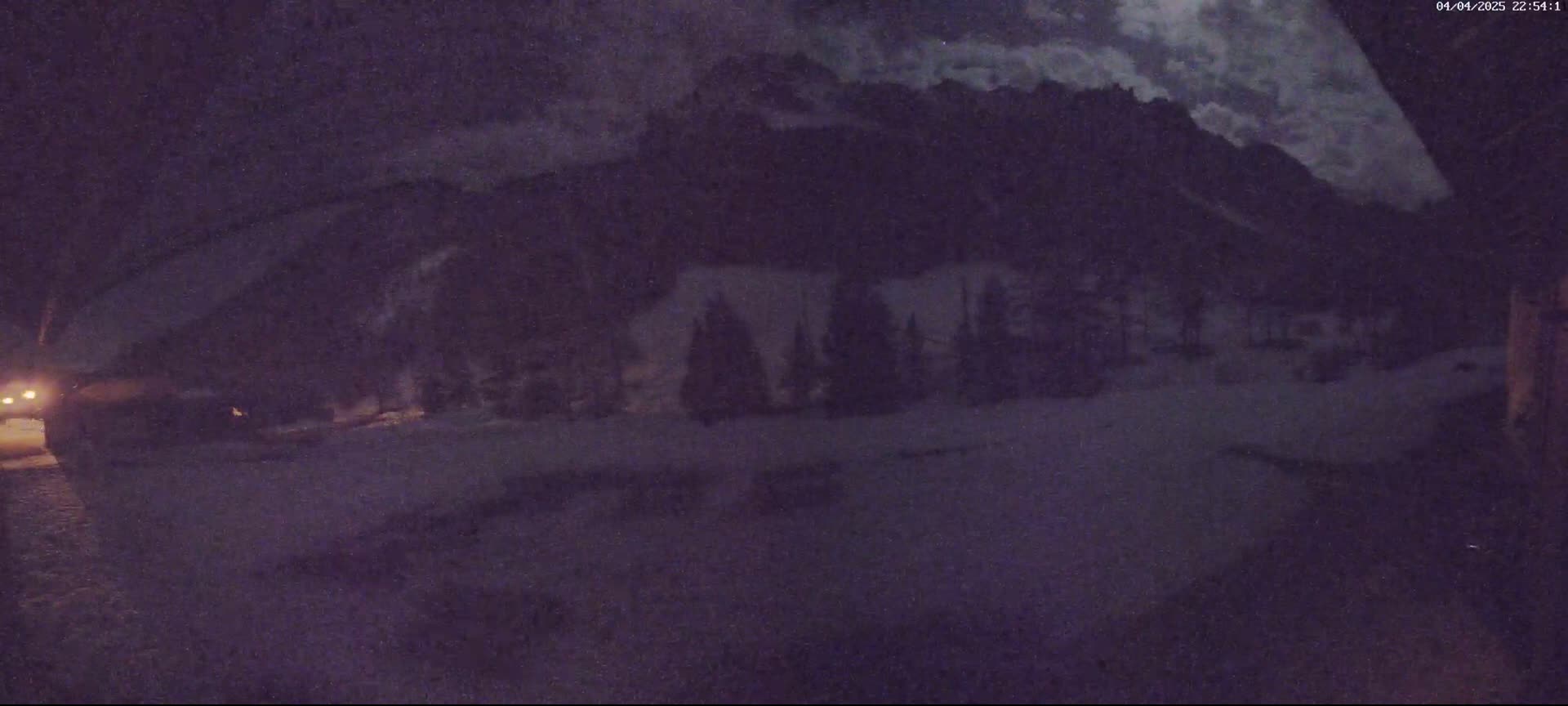A nighttime, snowy scene shows a line of dark trees silhouetted against a moonlit mountain range under a cloudy sky.