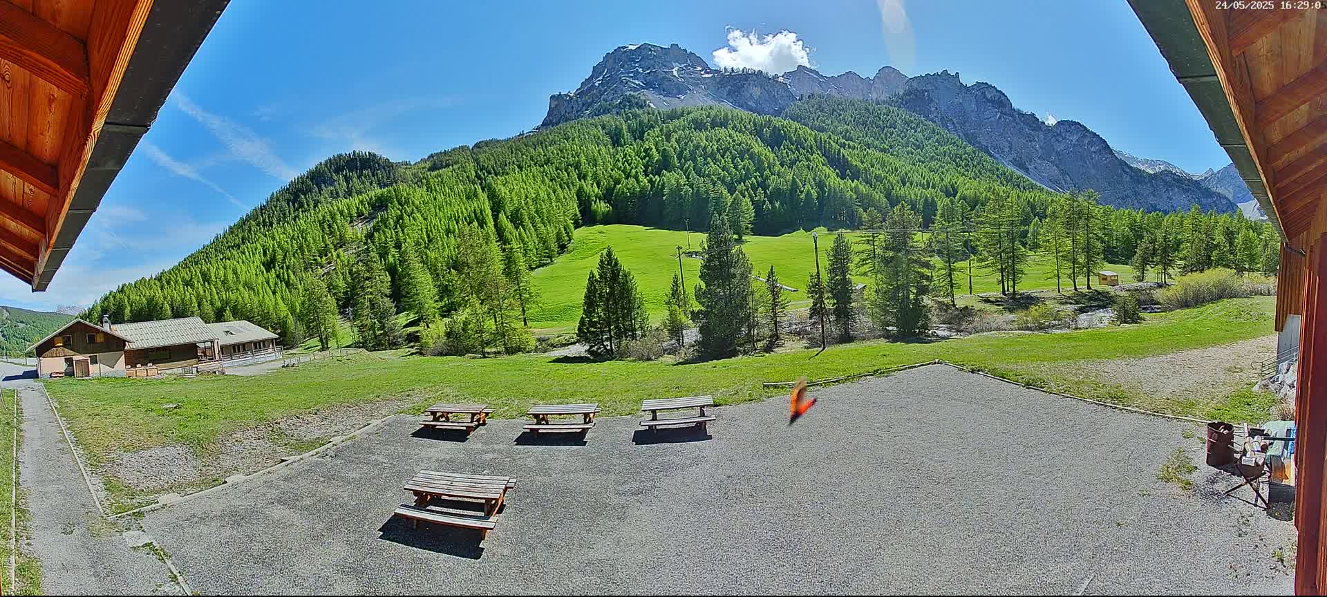 A sunny outdoor scene shows a grassy area with several picnic tables, a building, and a lush green mountainside in the background.