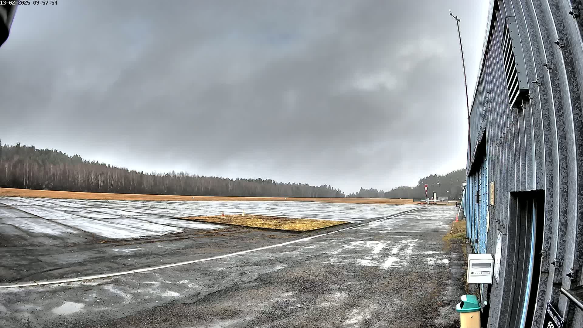 A wet, paved runway extends towards a line of trees under a gray, overcast sky.