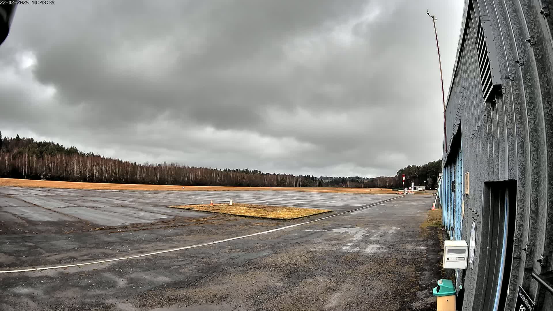 A wet, paved airfield stretches out under a cloudy sky, bordered by a line of trees and a hangar.