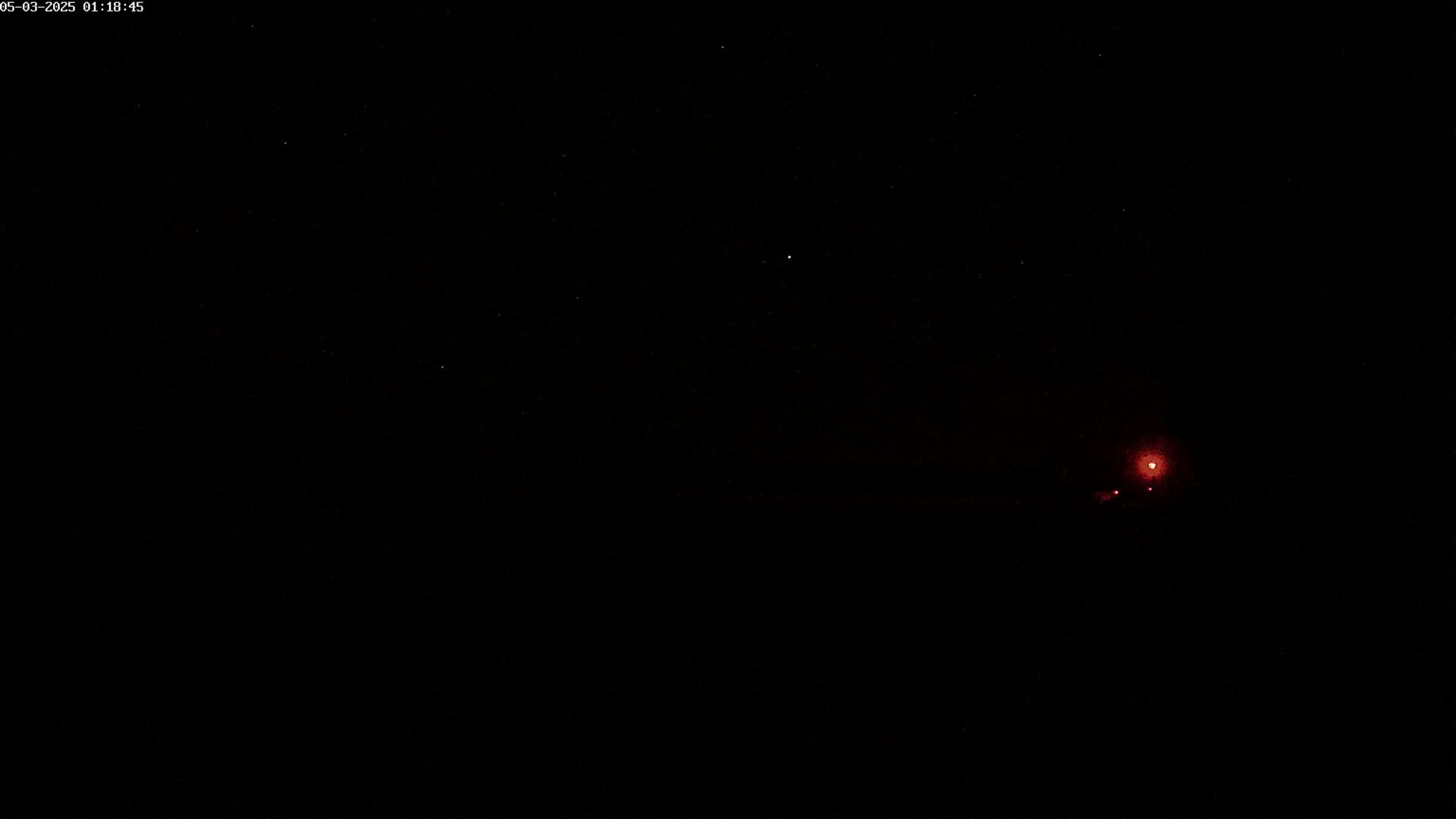 A nighttime scene shows a few faint stars and a small cluster of reddish lights on the horizon.