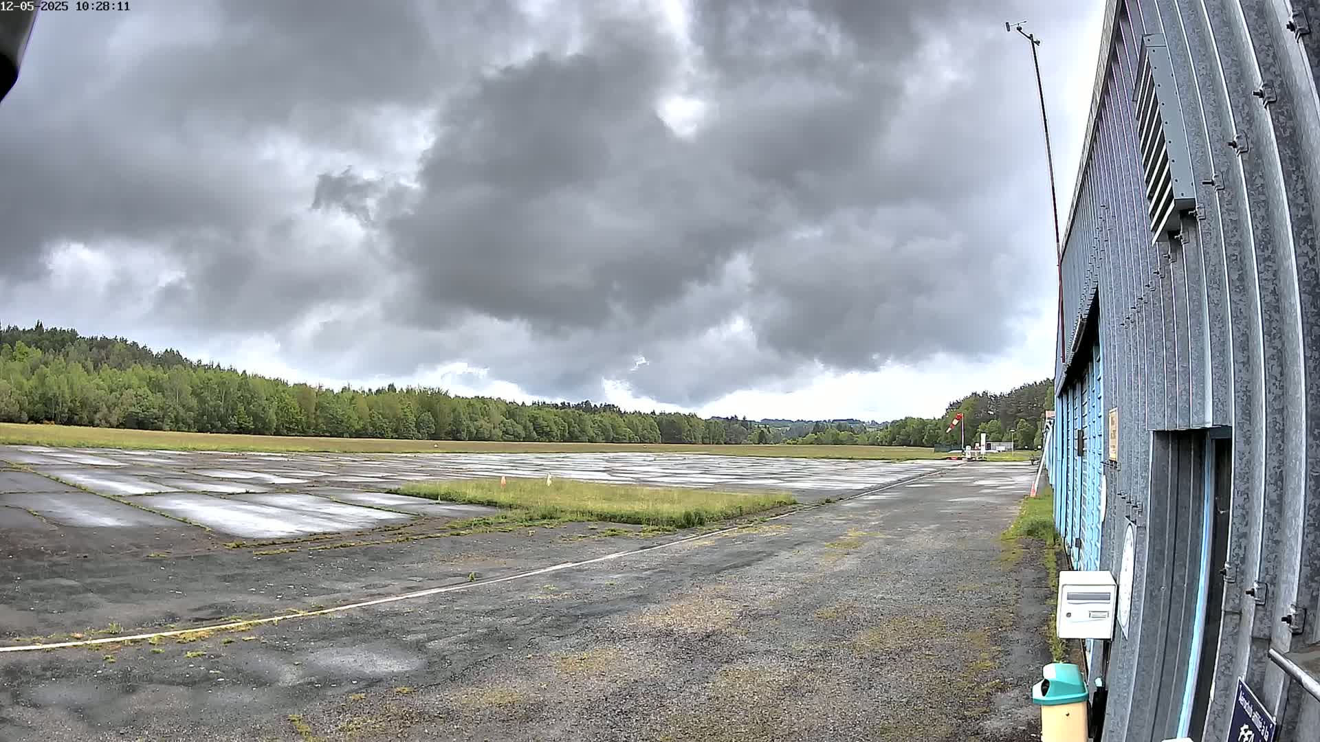 A wet, paved airfield with a line of trees in the background under a cloudy sky.