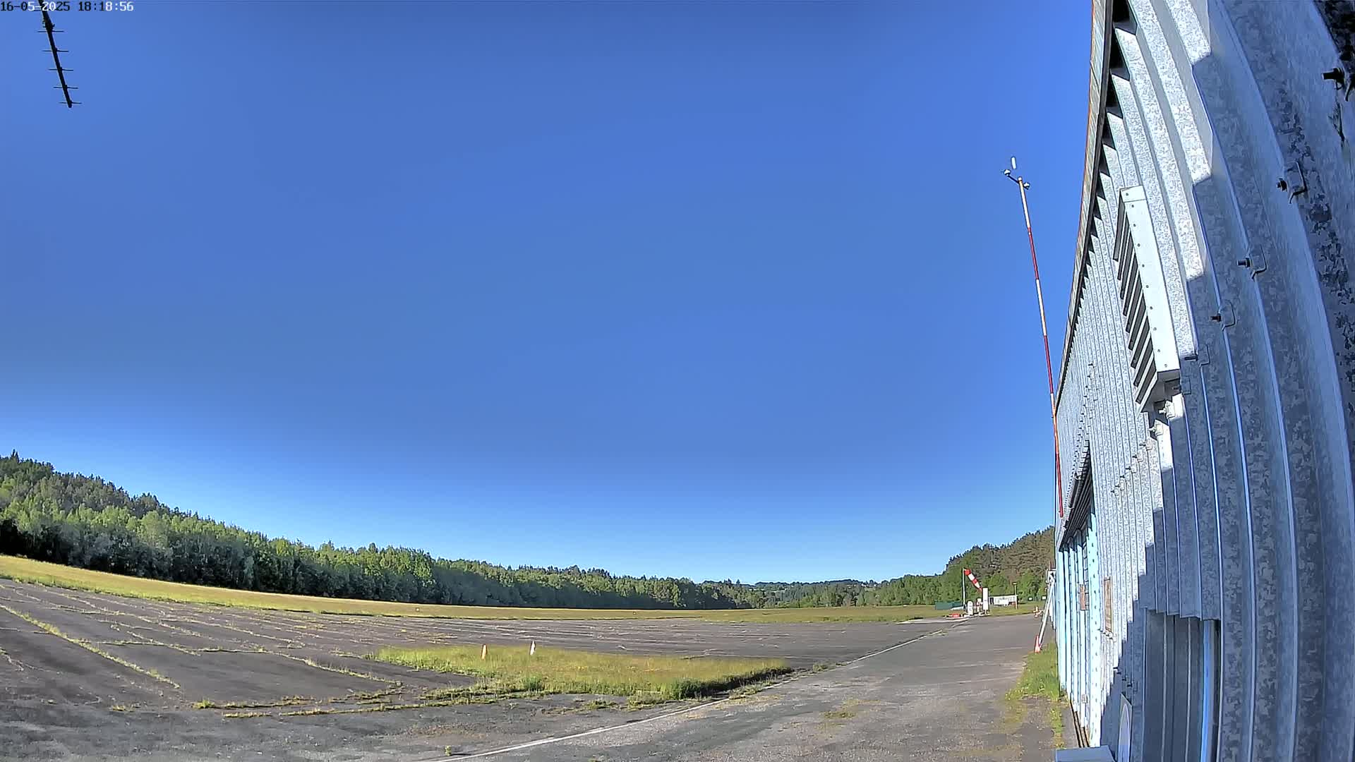 A mostly clear blue sky overlooks a paved area with overgrown grass, a line of trees in the background, and a corrugated metal building to the right.