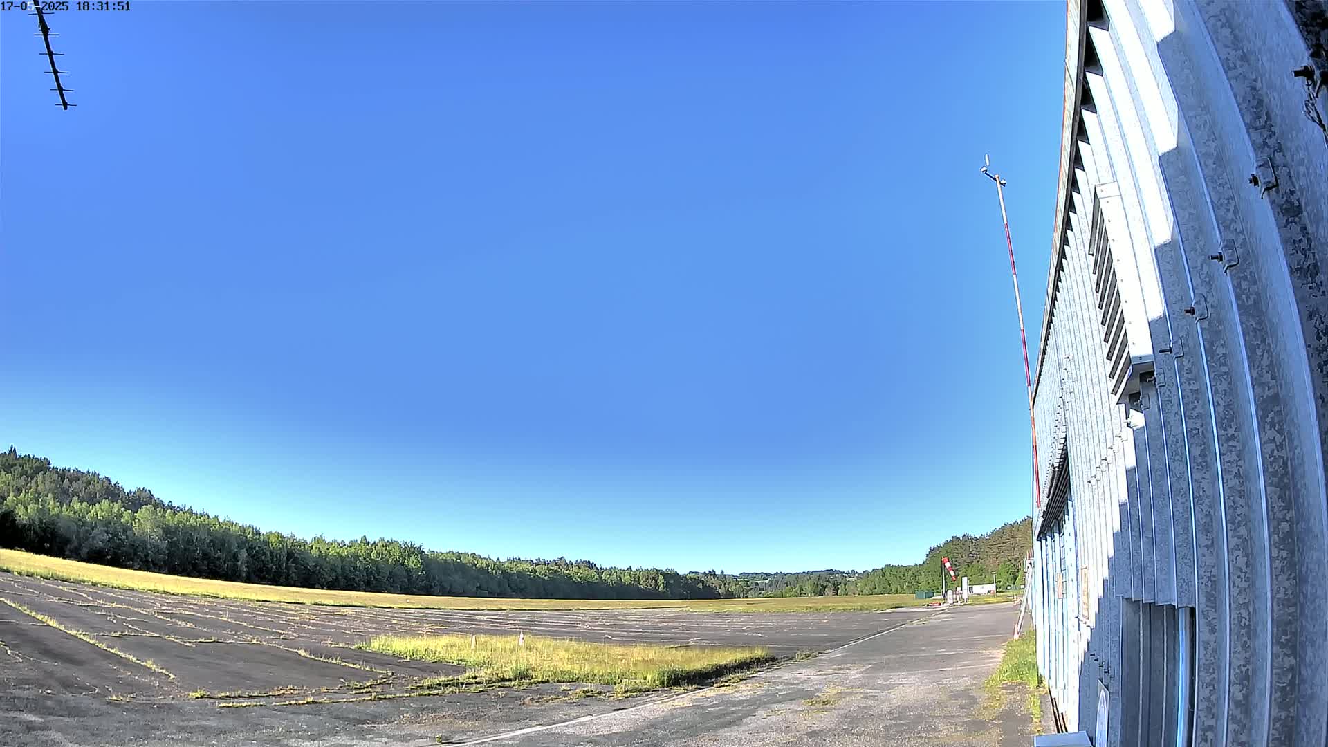 A long, cracked asphalt runway extends to a line of trees under a clear blue sky.