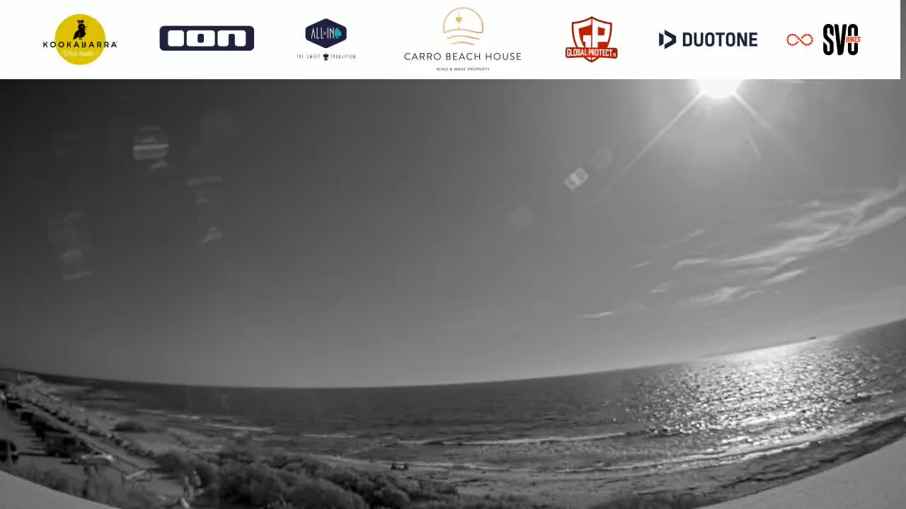A mostly sunny day is shown with a wide shot of a calm ocean meeting a sandy shore, viewed from a high vantage point.
