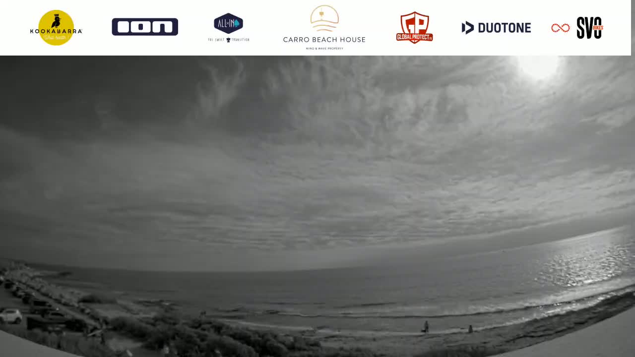 A wide, high-angle view shows a mostly cloudy sky over a calm ocean beach with a few people near the shoreline and a parking lot visible in the distance.