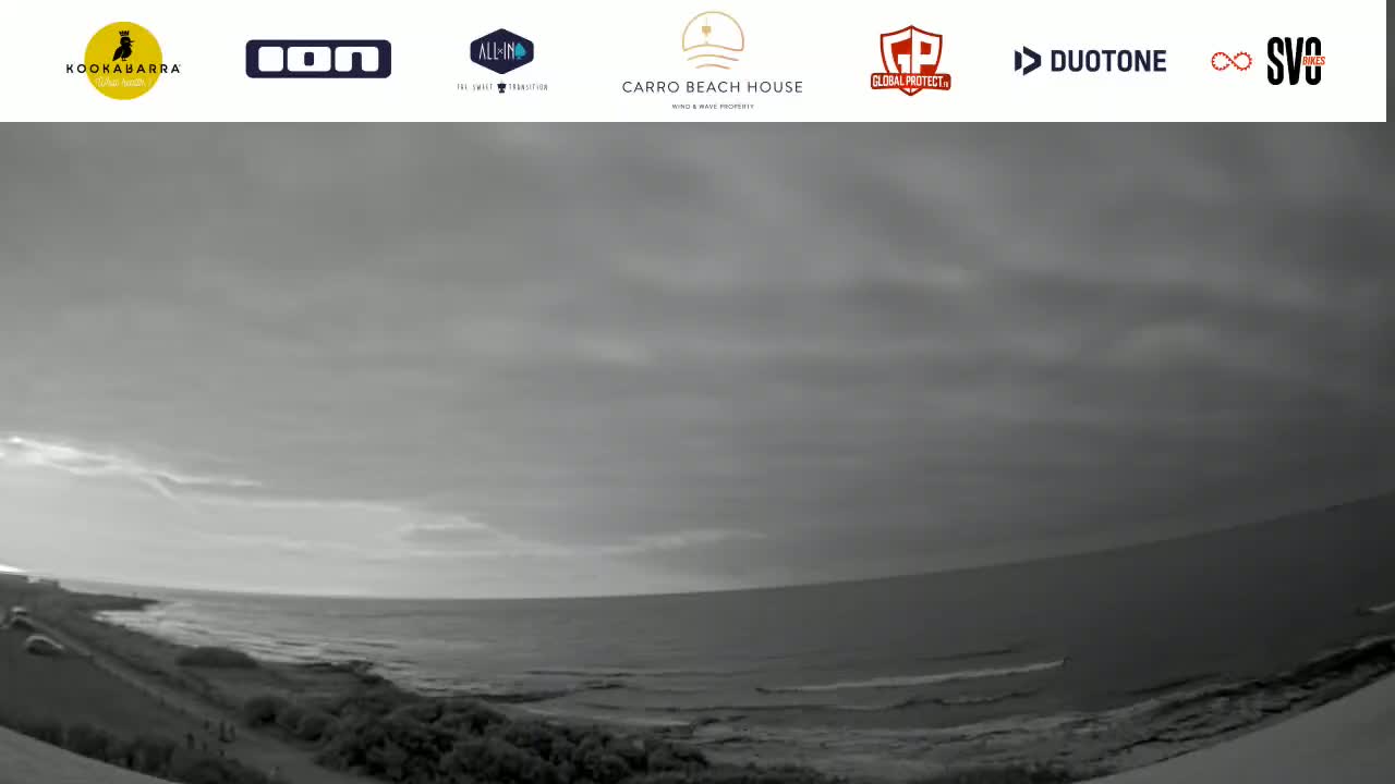 A grayscale wide shot shows a mostly cloudy sky over a calm ocean meeting a sandy shore with some vegetation.