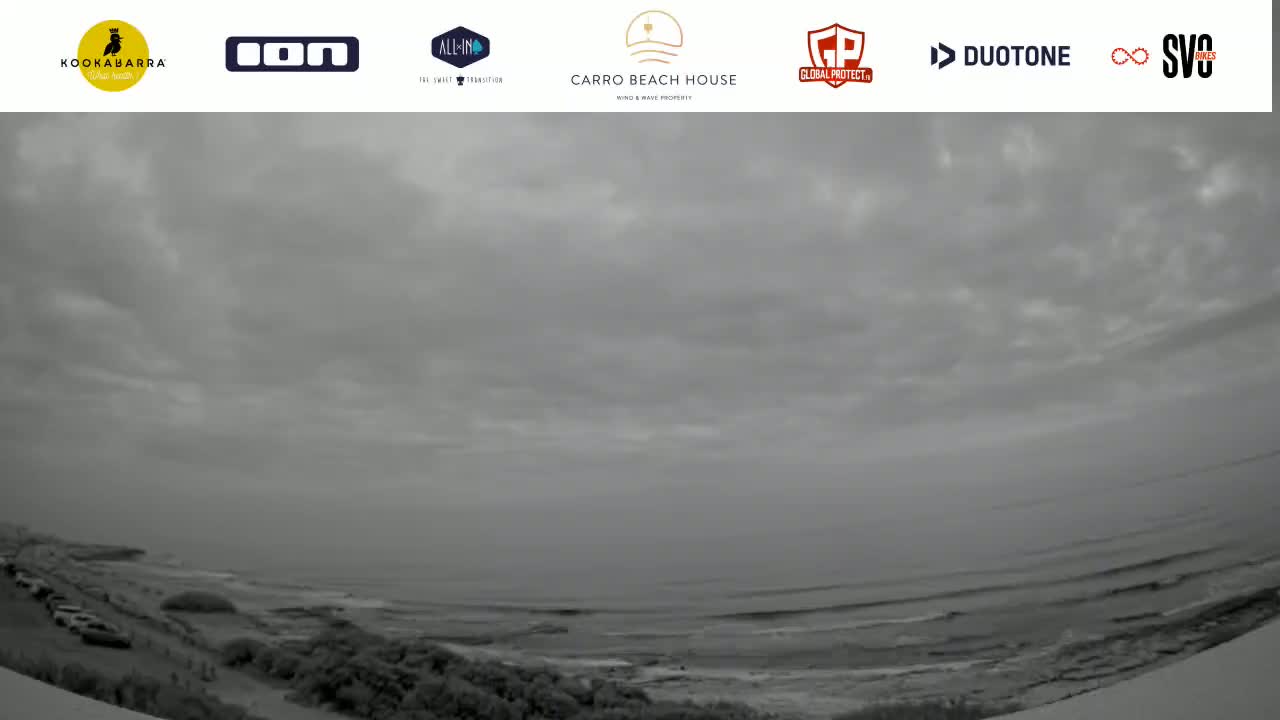 A grayscale image shows an overcast sky over a calm ocean meeting a sandy shore with some vegetation.