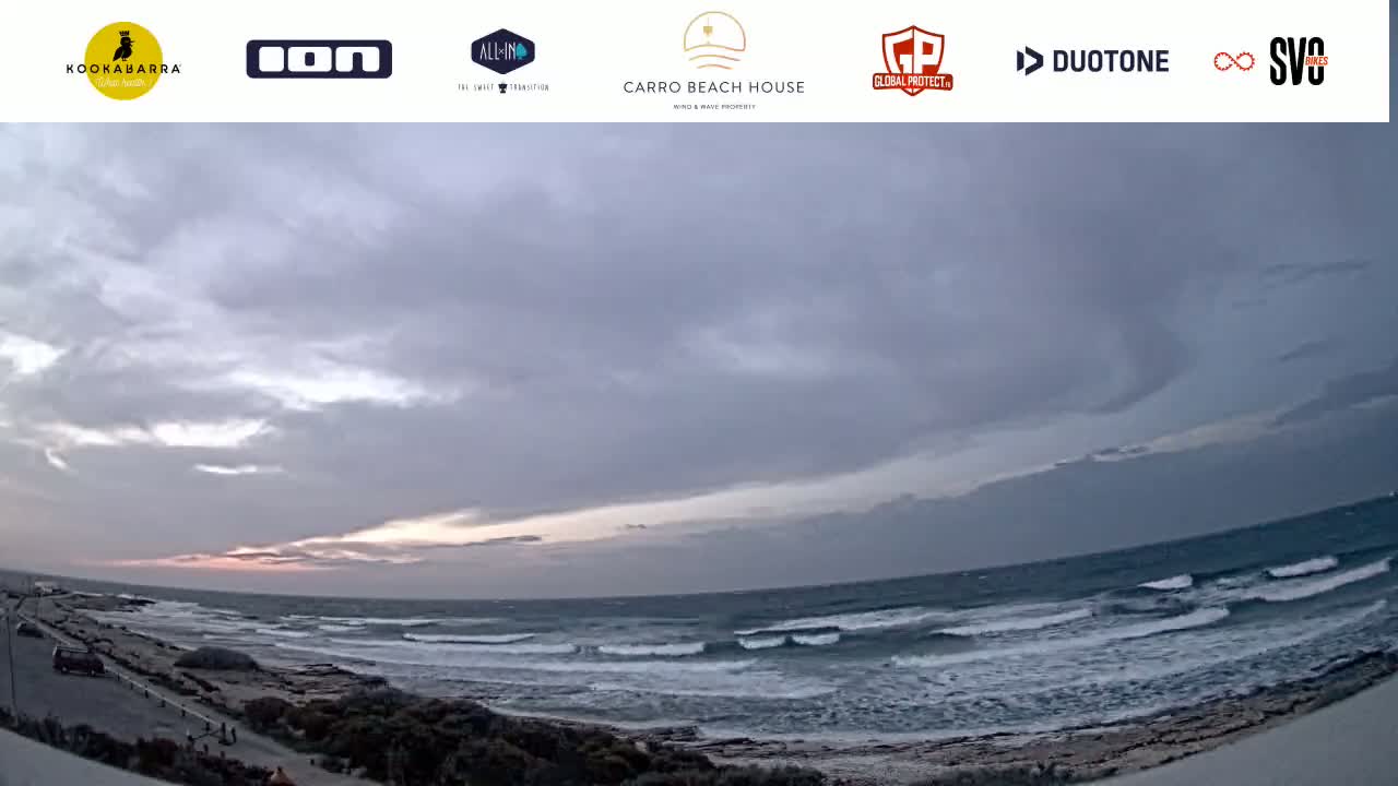 A wide shot of a beach shows an overcast sky with hints of sunset, moderate waves crashing on the shore, and a few people walking along the sand.