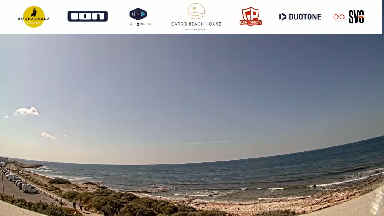A mostly sunny day at a beach with a calm ocean, a sandy shore, and some people walking along the coast.