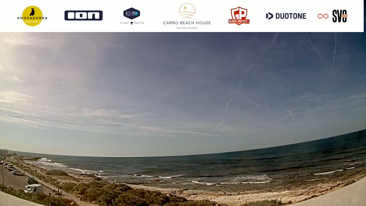 A mostly sunny day at a beach with calm waves, a rocky shoreline, and sparse vegetation.