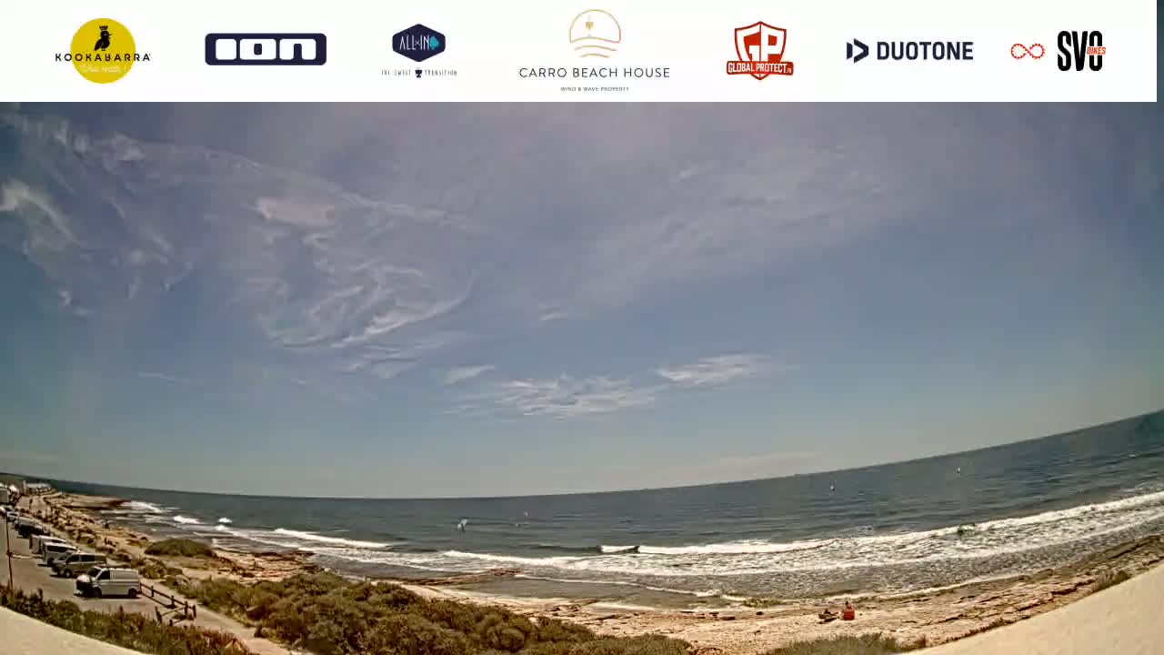 A mostly sunny day at a beach with light clouds, showing a rocky shoreline, calm ocean waves, and a parking lot with several vehicles.