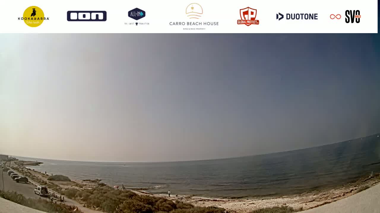 A wide shot of a calm, hazy ocean meets a sandy shore with sparse vegetation and a few vehicles parked nearby.