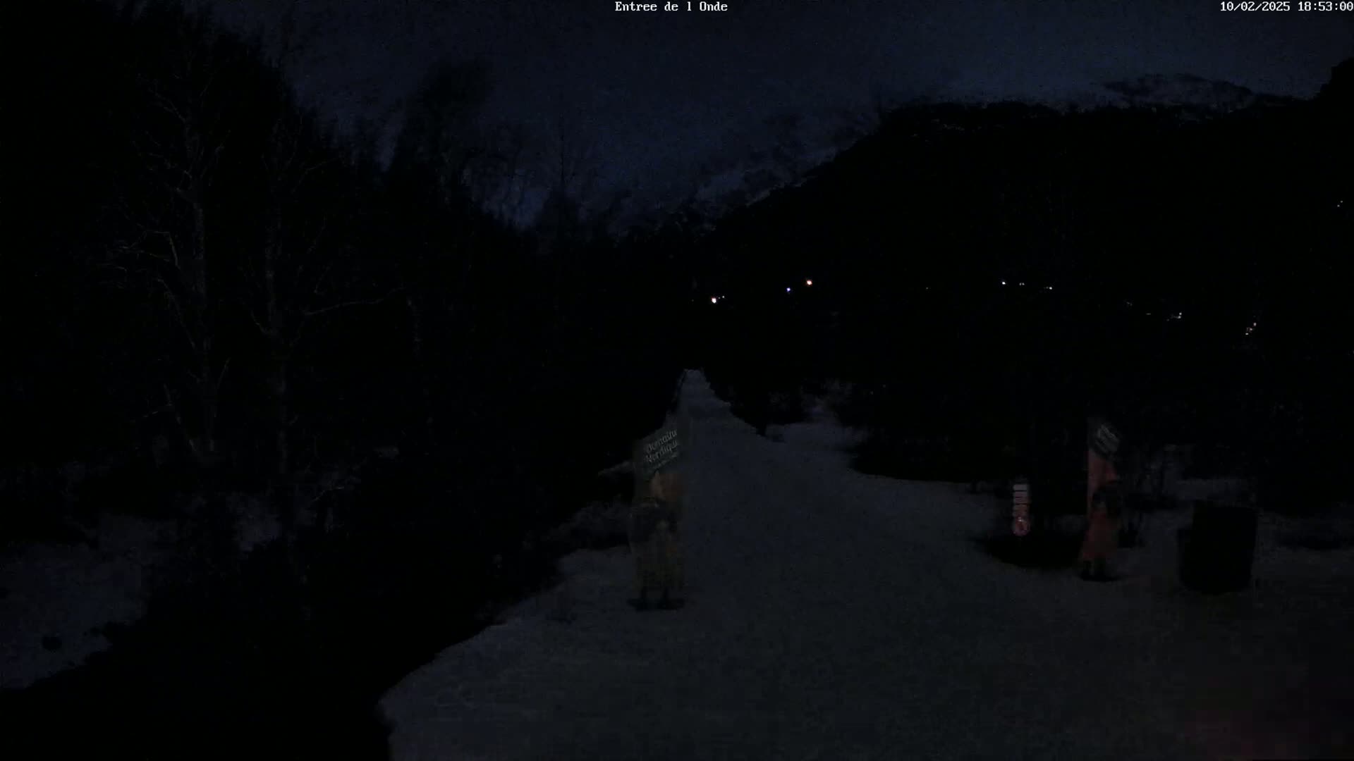 A dark, snow-covered path winds through a night-time landscape of trees and mountains under a dim sky.