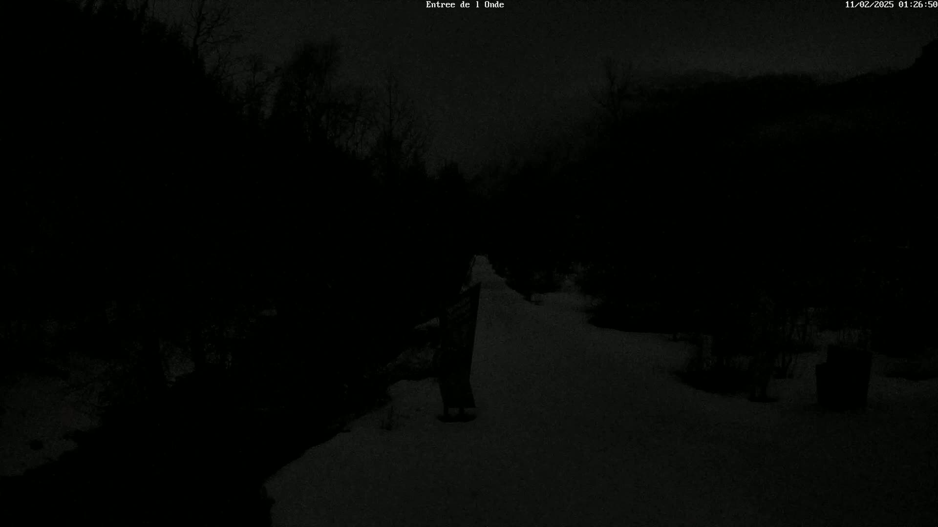 A dark, snowy path is visible between two shadowy, snow-covered areas, with a lone figure standing in the center.