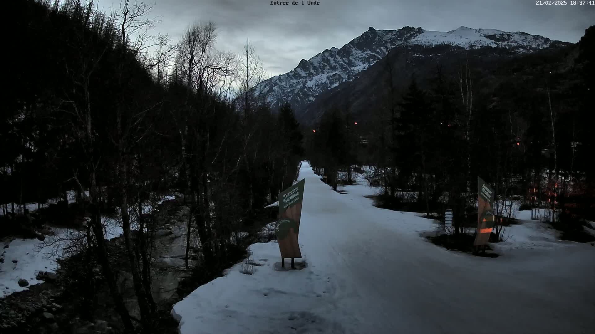 A snow-covered path winds through a dark, snow-dusted forest towards a snow-capped mountain range under a twilight sky.