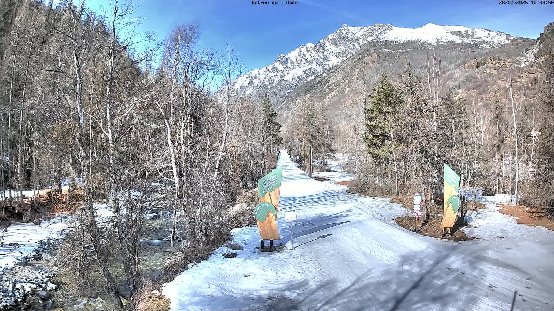 A snow-covered path winds through a valley of leafless trees towards a snow-capped mountain range under a sunny sky.