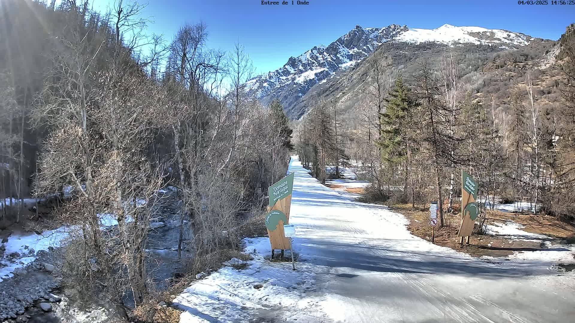 A snow-covered path winds through a valley of leafless trees toward a snow-capped mountain range under a clear blue sky.