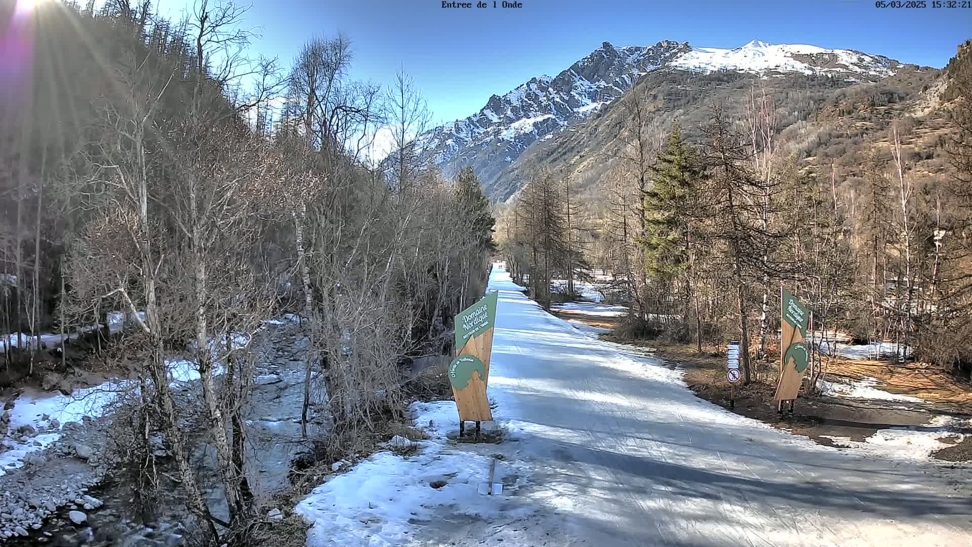 A snow-covered road winds through a valley of leafless trees towards a sunlit mountain range under a clear blue sky.