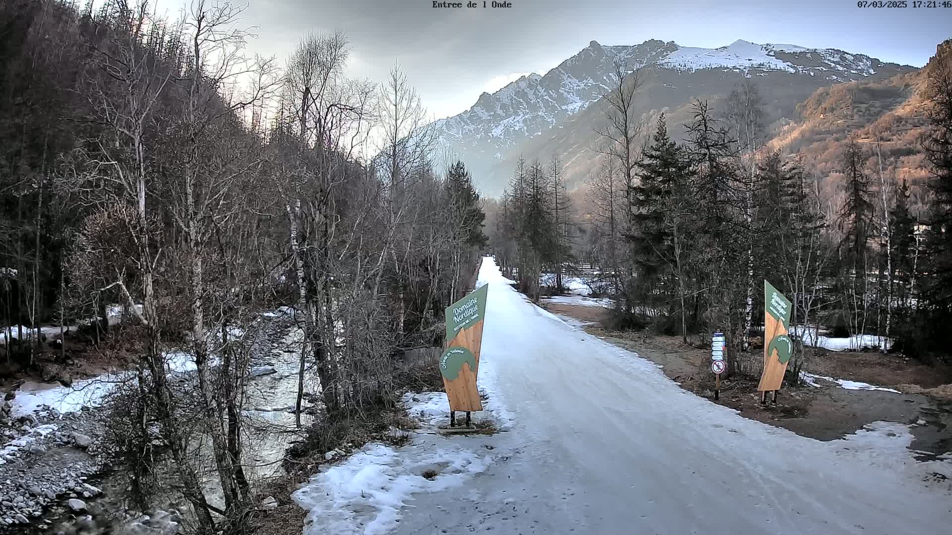 A snow-covered road winds through a valley of leafless trees toward a snow-capped mountain range under an overcast sky.