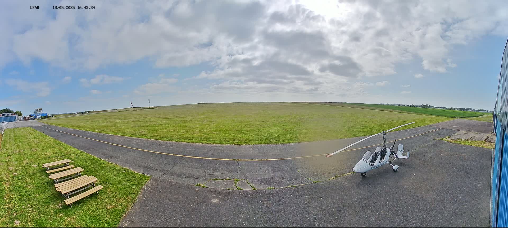 A gyrocopter sits on a grassy airfield under a partly cloudy sky.