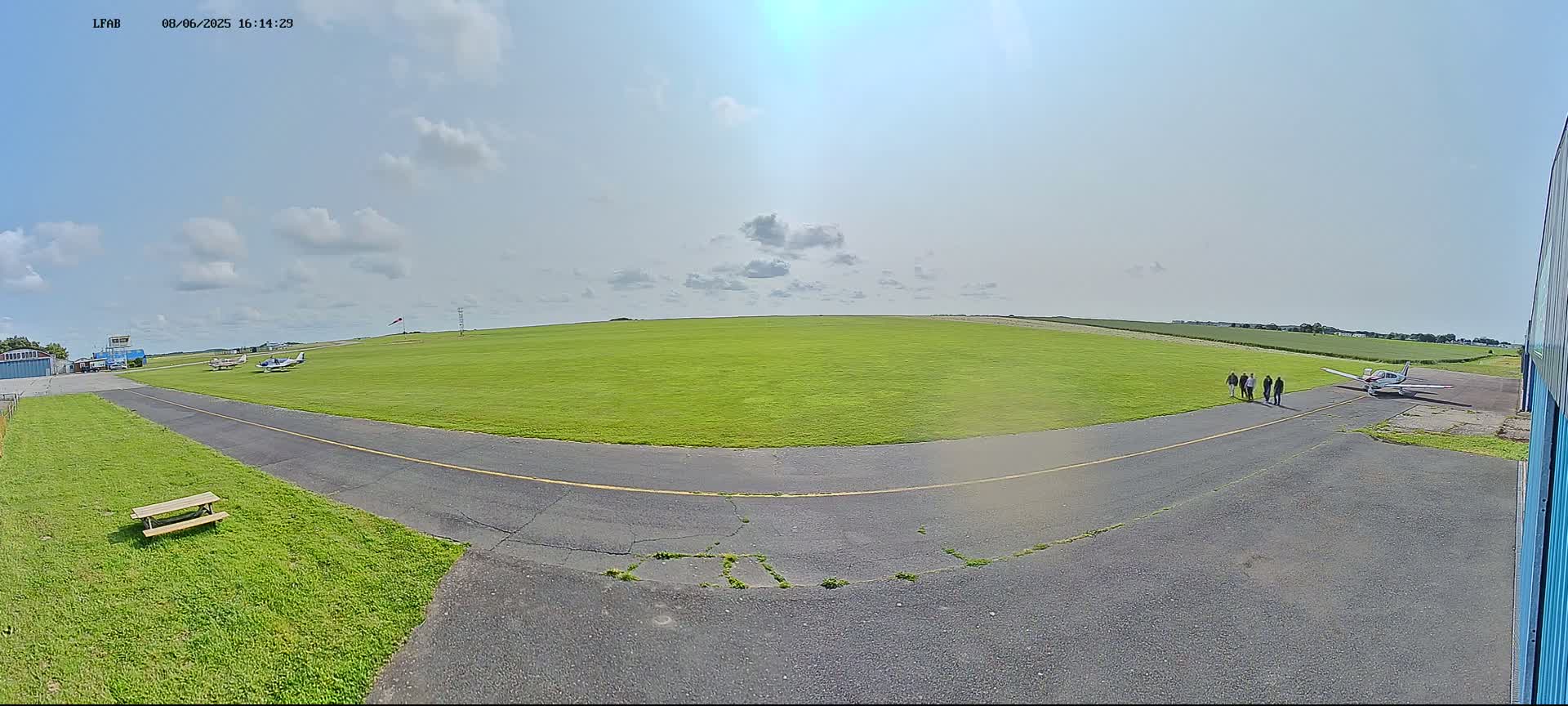A mostly sunny day at a small airfield shows a group of people walking toward a parked airplane on a grassy runway.