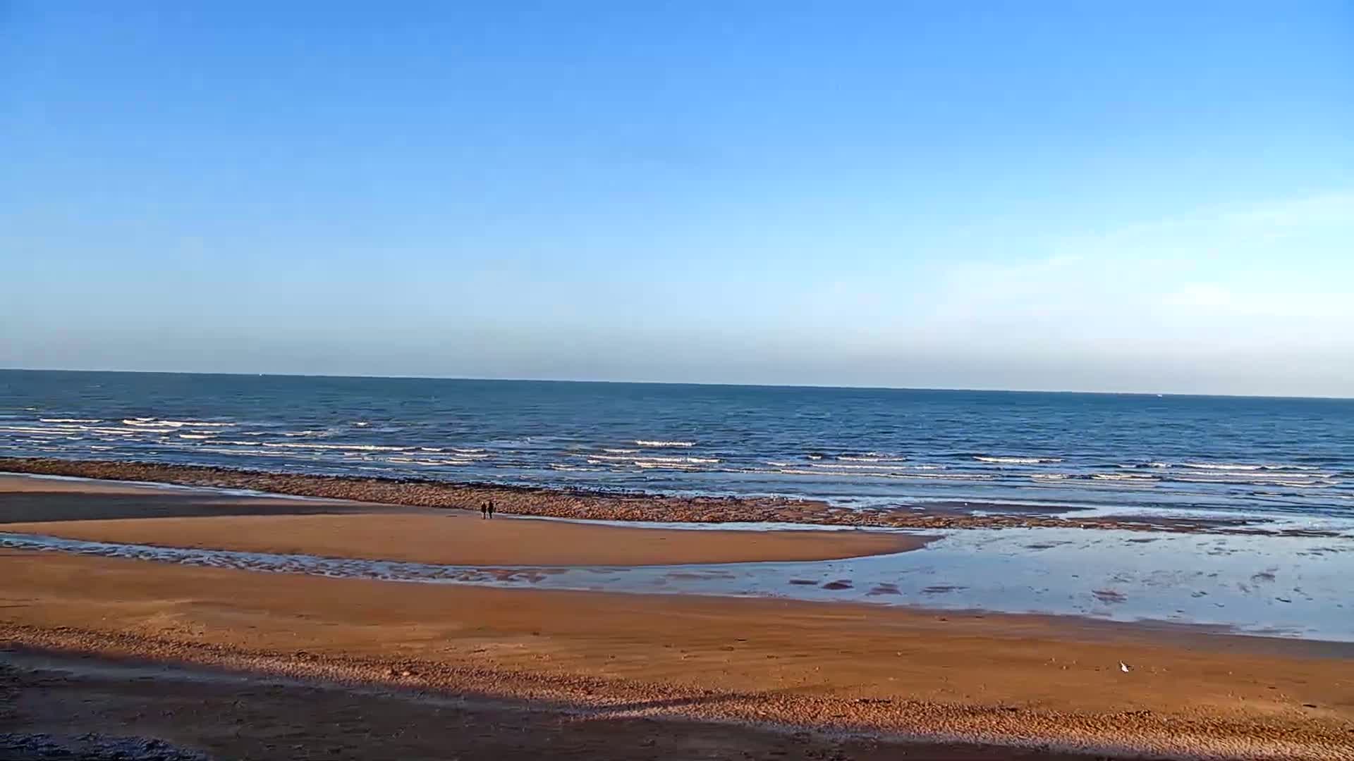 A wide sandy beach stretches out to a calm, blue ocean under a clear sky.