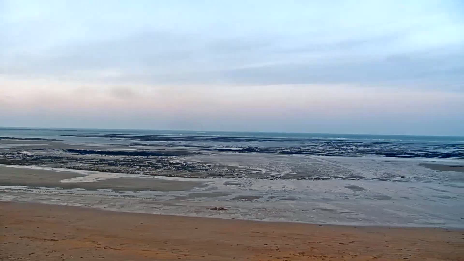 A sandy beach slopes gently down to a wide expanse of exposed, dark-colored tidal flats leading to a calm ocean under a mostly cloudy sky.