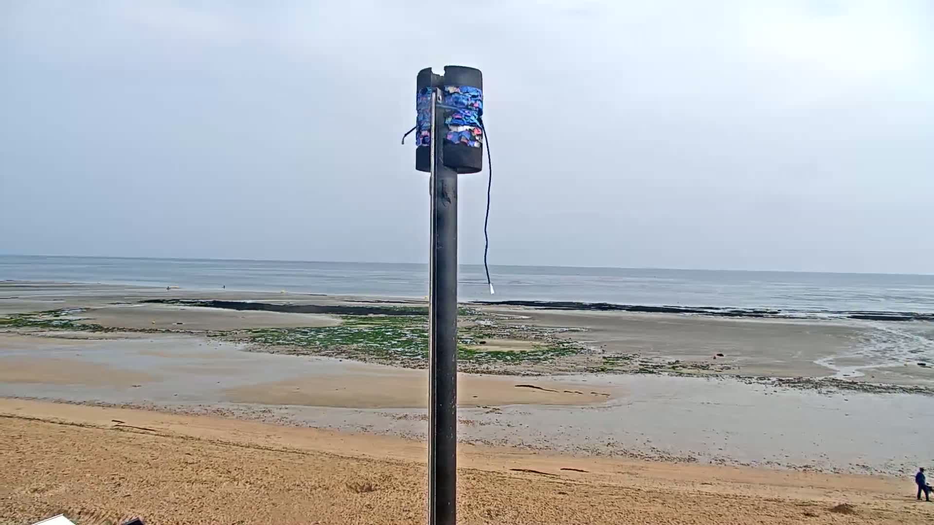 A tall, dark pole with a cylindrical object wrapped in tattered fabric stands on a sandy beach overlooking a calm, gray ocean under an overcast sky.