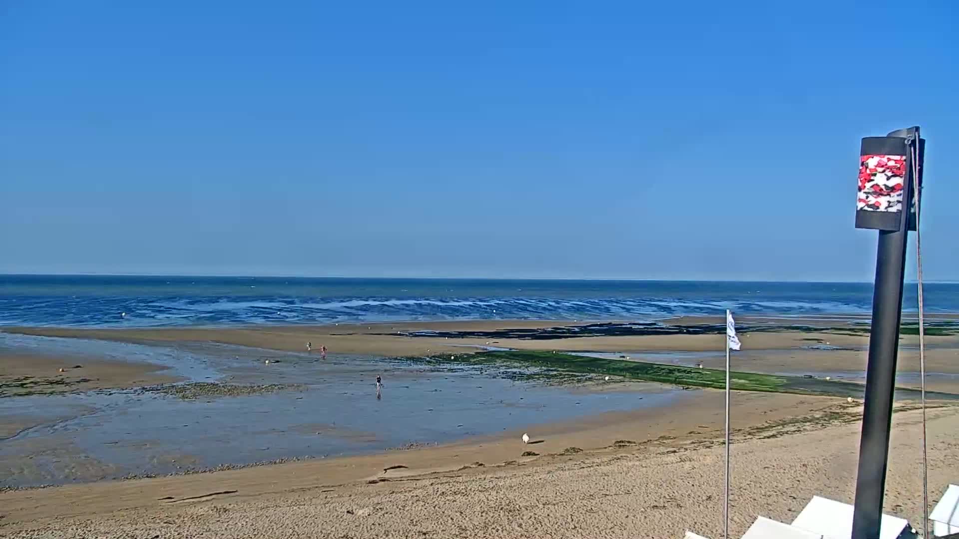 A sandy beach stretches toward a calm ocean under a clear blue sky, with a few people visible on the shore.