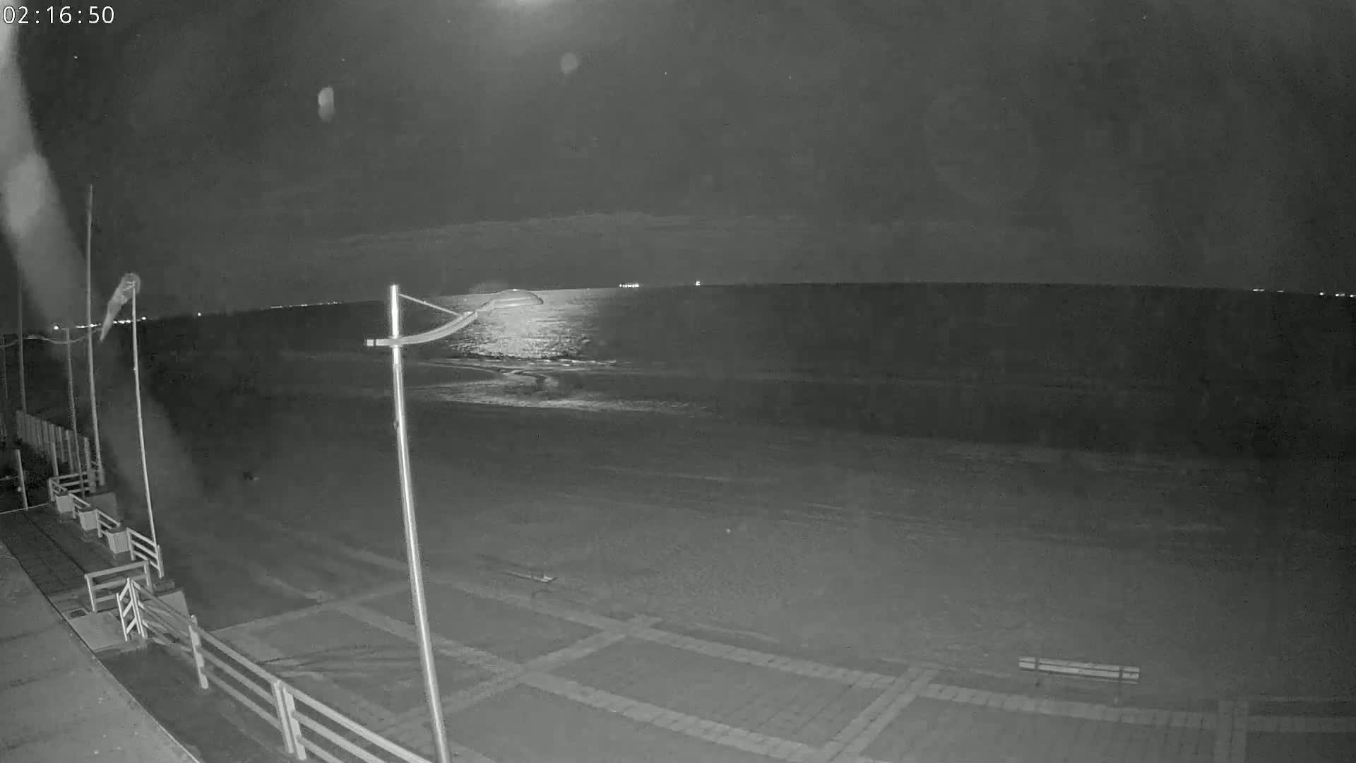 A moonlit beach at night shows calm waves lapping the shore under a clear sky.