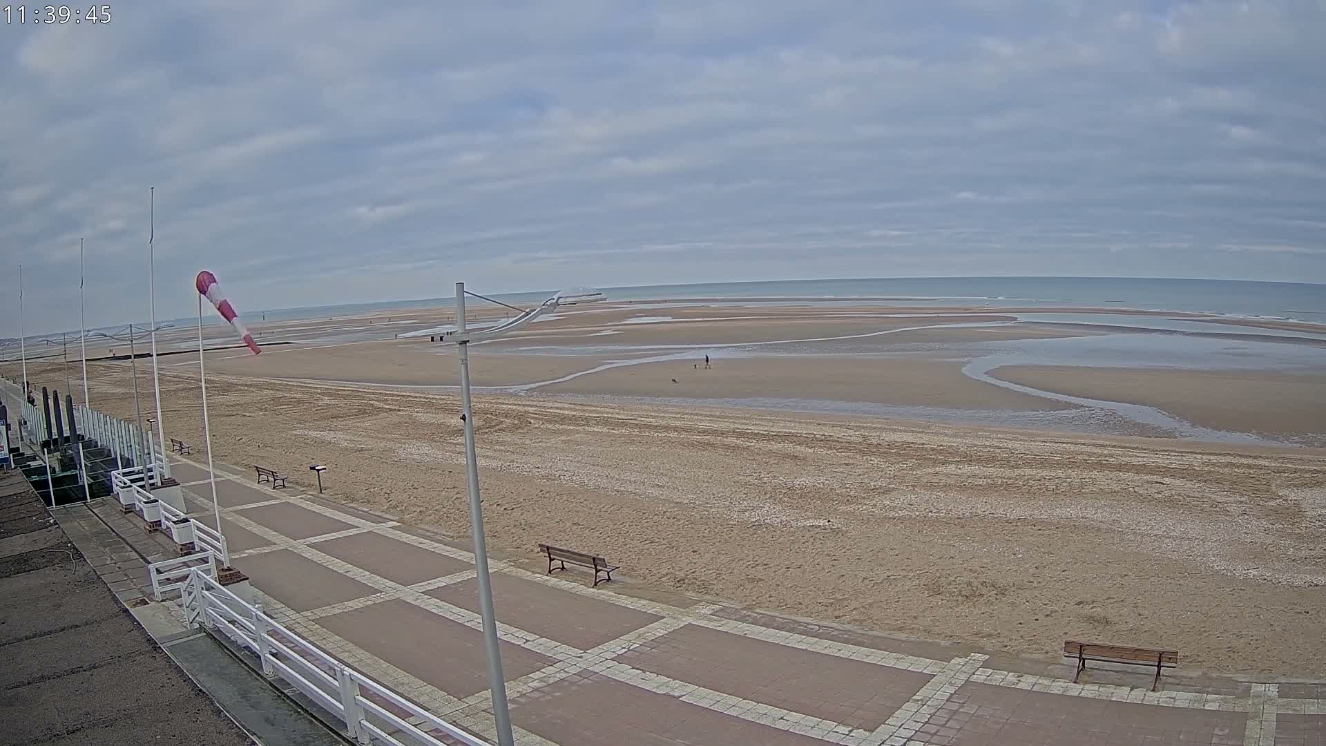 A windy, partly cloudy day at the beach features a person pushing a stroller along a sandy path beside the choppy ocean, with kite surfers visible in the distance.