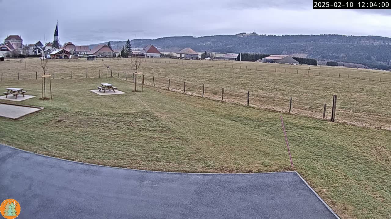A paved area curves into a grassy field with two picnic tables, a distant village, and overcast skies.