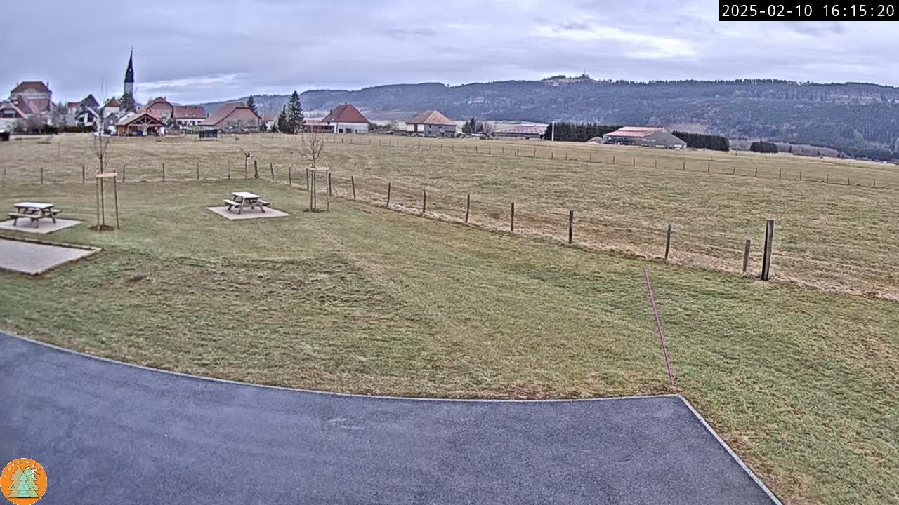 A paved area curves into a grassy field with two picnic tables, a village in the background under a cloudy sky.