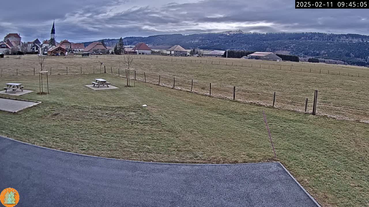 A paved area curves into a grassy field with picnic tables, a distant village, and a cloudy sky.