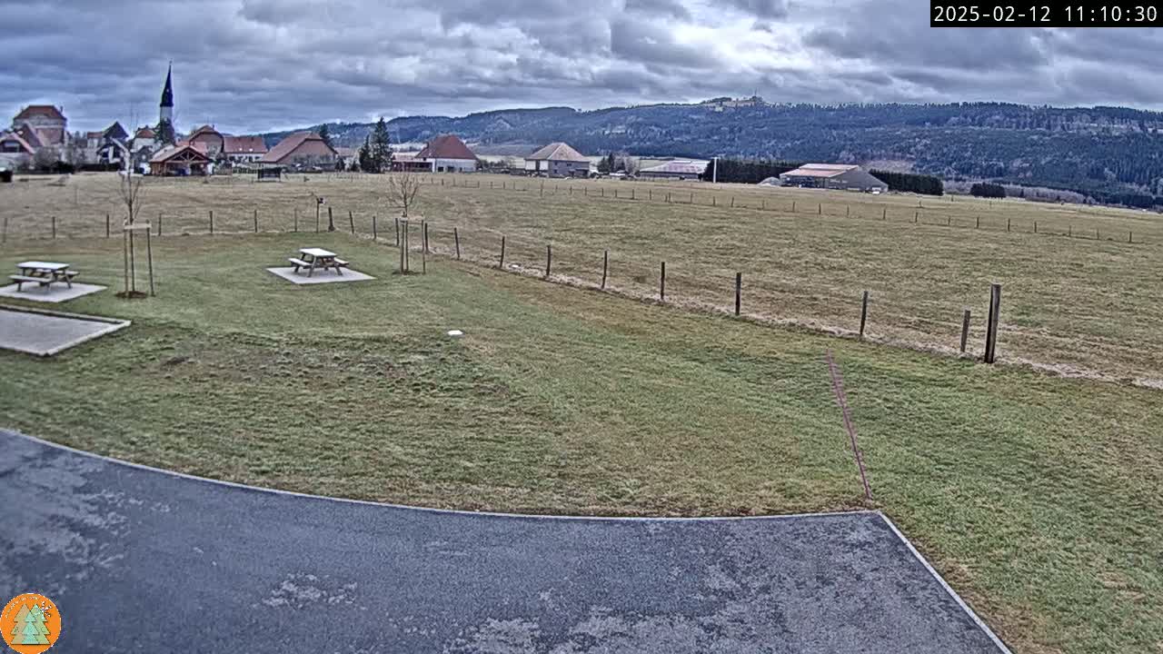 A mostly cloudy day reveals a grassy field with two picnic tables, a paved area, and a distant village nestled against a backdrop of hills and forest.